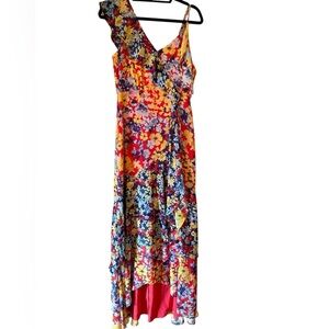 Lulu's Vibrant Floral Maxi Dress High Low V Neck Small Summer